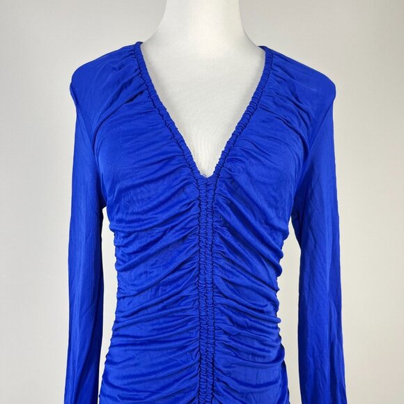 NWOT Farm Rio V Neckline Ruched Blue Maxi Dress Long Sleeves Size M - Picture 3 of 12